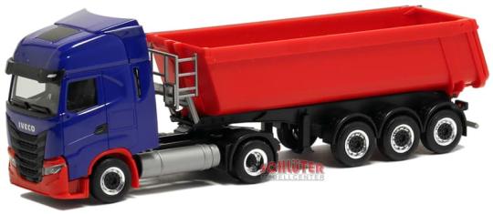 Herpa LKW Iveco S-Way LNG Schmitz Baukipper blau/rot 