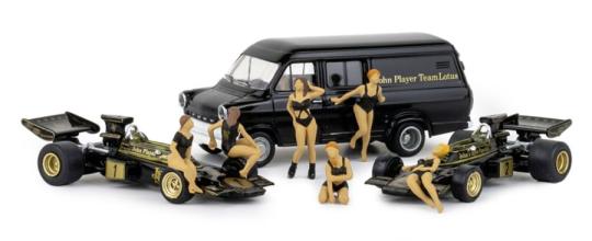 Brekina Set Lotus 72 mit 2 Formel1-Autos, 6 PR-Girls und Transporter 22889 