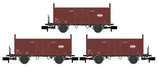 Hobbytrain N 3er Set offene Güterwagen Fbkk SBB, Ep.IV, mit SBB Kreuz 24302 