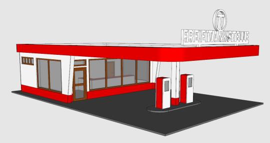 VK Modelle Freie Tankstelle rot-weiß, Lasercutkartonbausatz 