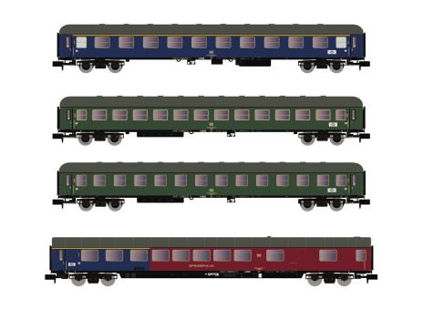 Arnold 4-tlg. Set Reisezugwagen,DB in blauer, grüner und bla 