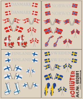 Decals für Flaggen-Dekore für Zugm. (DK, N, FIN + S) (4,5 x 5,3 cm) 