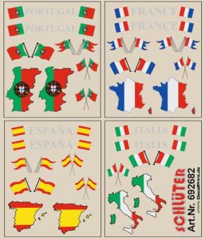 Decals für Flaggen-Dekore für Zugm. (P, F, ES + I) (4,5 x 5,3 cm) 