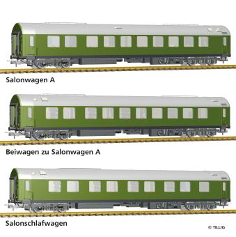 Tillig Reisezugwagenset Salonwagenzug 2 DR, Salonwagen A, Beiwagen+Salonschlafwa 