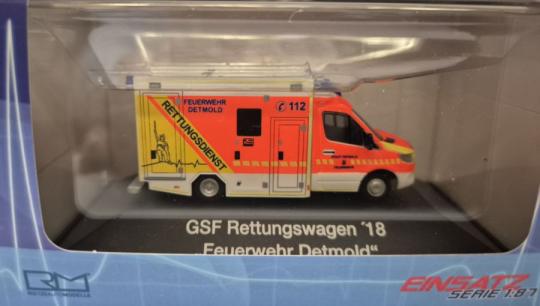 Rietze MB Sprinter GSF RTW ´18 Feuerwehr Detmold 76139 