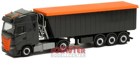 Herpa LKW Iveco S-Way Kempf Stöffelliner-Sz schwarz/oranges Dach 