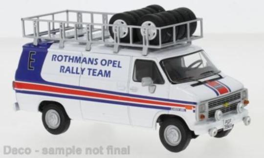 IXO 1:43 Chevrolet G-Series Van Rothmans Opel Rally Team Assistance with roof ra 